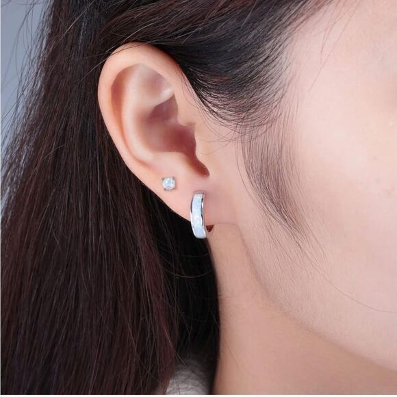 14K White Gold with Genuine White Fire Opal Huggie and Stud Earrings Set of 2 - Picture 5 of 5